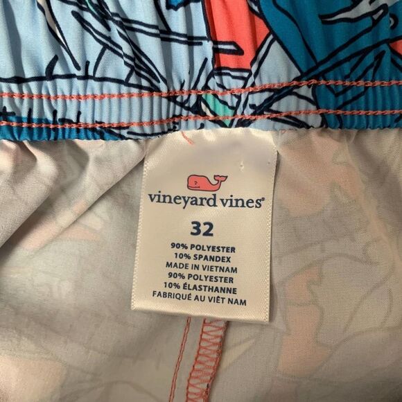 Vineyard Vines Fish Print Swim Shorts Blue Red Size 32 Elastic Waist Drawstring - Picture 8 of 8